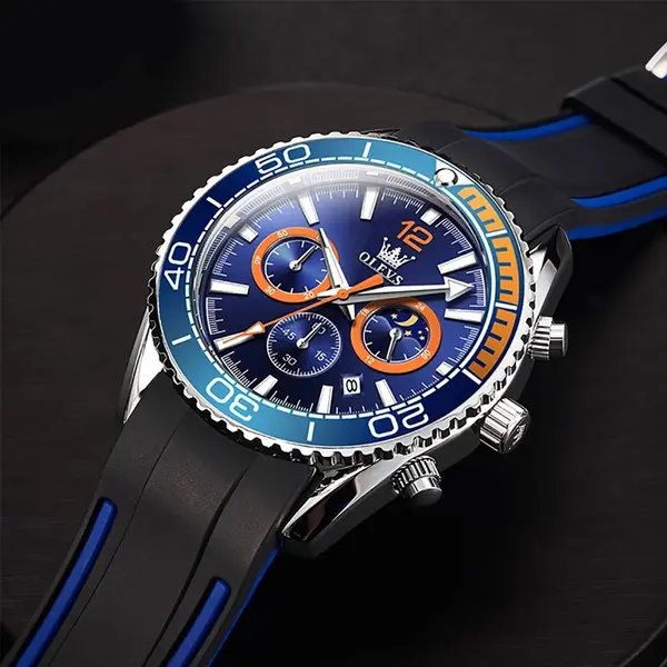 OLEVS 9916 Sports Waterproof Luminous Multifunction Silicone Band Men's Quartz Wristwatch  – Dial Color: Blue, Strap Color: Black – View 5
