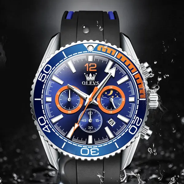 OLEVS 9916 Sports Waterproof Luminous Multifunction Silicone Band Men's Quartz Wristwatch  – Dial Color: Blue, Strap Color: Black – View 6