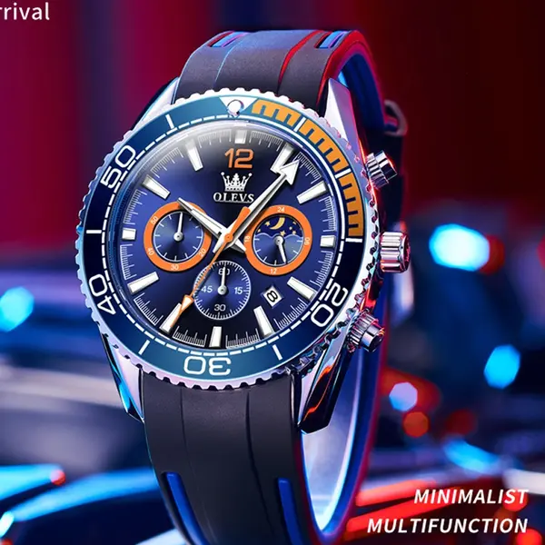 OLEVS 9916 Sports Waterproof Luminous Multifunction Silicone Band Men's Quartz Wristwatch  – Dial Color: Blue, Strap Color: Black – View 2