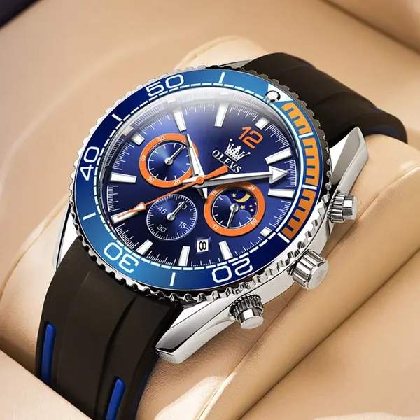 OLEVS 9916 Sports Waterproof Luminous Multifunction Silicone Band Men's Quartz Wristwatch  – Dial Color: Blue, Strap Color: Black – View 4