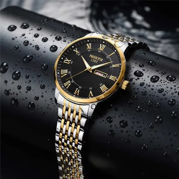 Nibosi 2569 Roman Number With Stainless Steel Analog Men's Watch – Dial Color: Black Gold, Strap Color: White Gold – View 3