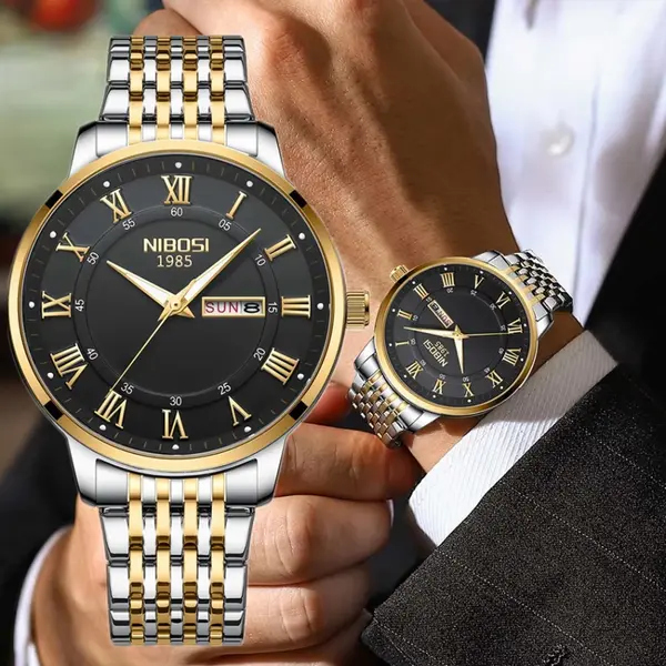 Nibosi 2569 Roman Number With Stainless Steel Analog Men's Watch – Dial Color: Black Gold, Strap Color: White Gold – View 4