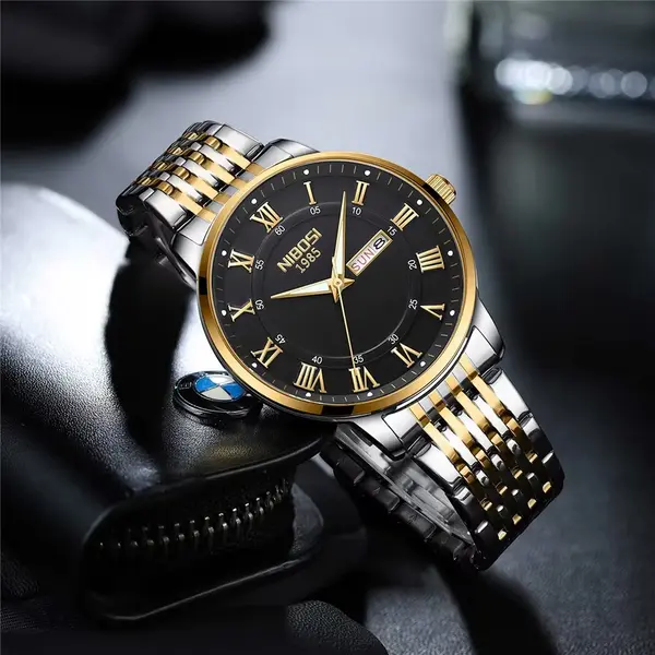 Nibosi 2569 Roman Number With Stainless Steel Analog Men's Watch – Dial Color: Black Gold, Strap Color: White Gold – View 2