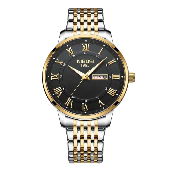 Nibosi 2569 Roman Number With Stainless Steel Analog Men's Watch – Dial Color: Black Gold, Strap Color: White Gold – View 1