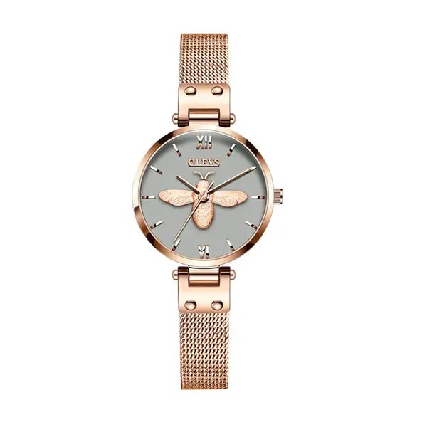 OLEVS 6895L PU Leather Analog Luxury Quartz Watch For Women – Dial Color: Grey, Strap Color: Gold  – View 1