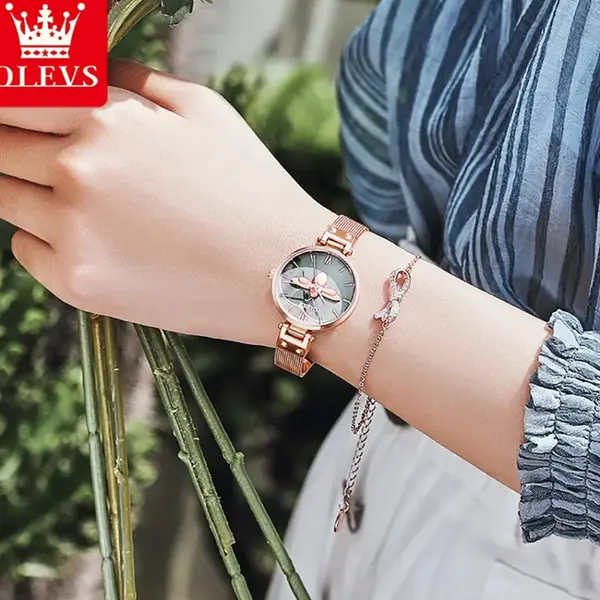 OLEVS 6895L PU Leather Analog Luxury Quartz Watch For Women – Dial Color: Grey, Strap Color: Gold  – View 3