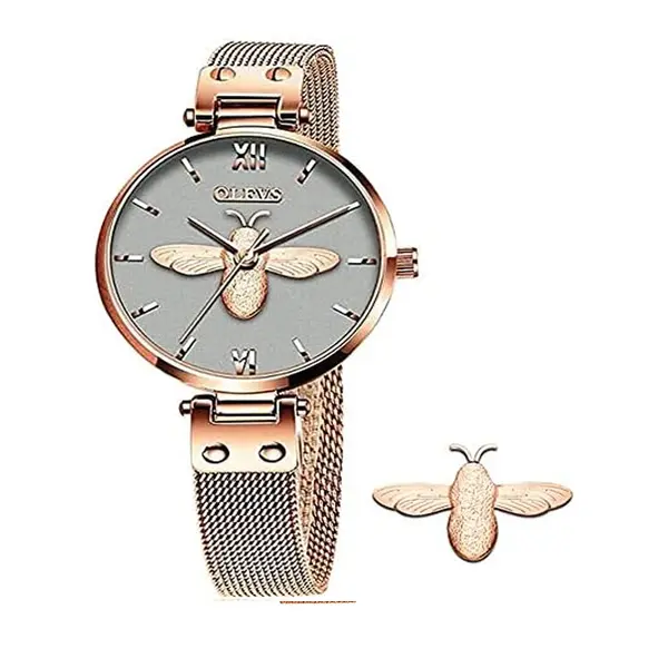 OLEVS 6895L PU Leather Analog Luxury Quartz Watch For Women – Dial Color: Grey, Strap Color: Gold  – View 2