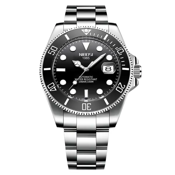 Nibosi 2597 High Quality Stainless Steel Belt Calendar Men's Watch – Dial Color: Black, Strap Color: Silver – View 1