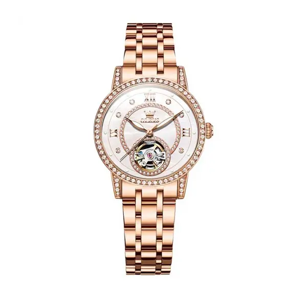 OLEVS 7036 Luminous Hands Mechanical Waterproof Lady Watch – Dial Color: Brown, Strap Color:  Brown  – View 1