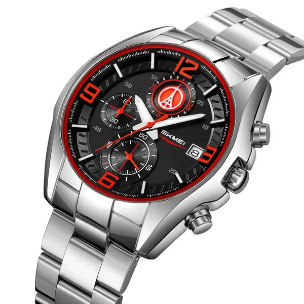 Skmei 9346 Multifunctional Quartz Men's Watch – Dial Color: Red, Strap Color: Silver – View 2