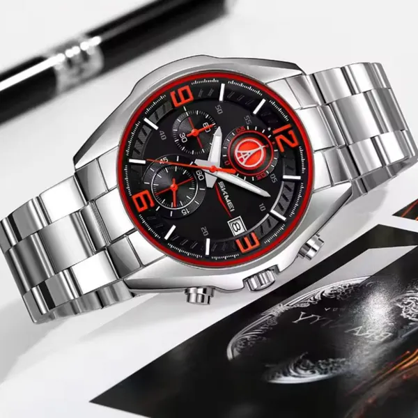 Skmei 9346 Multifunctional Quartz Men's Watch – Dial Color: Red, Strap Color: Silver – View 3