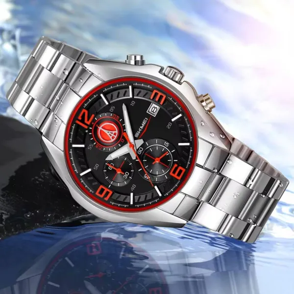 Skmei 9346 Multifunctional Quartz Men's Watch – Dial Color: Red, Strap Color: Silver – View 4