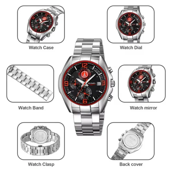 Skmei 9346 Multifunctional Quartz Men's Watch – Dial Color: Red, Strap Color: Silver – View 5