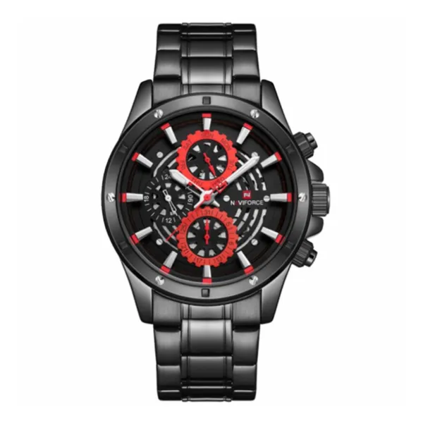 Naviforce NF9150 Luxury Steel Quartz Waterproof Sport Men's Watch – Dial Color: Red, Strap Color: Black – View 1