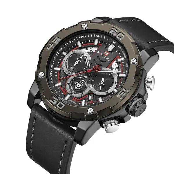 NAVIFORCE NF9175 Leather Chronograph Men's Watch – Dial Color: Black, Strap Color: Black – View 2
