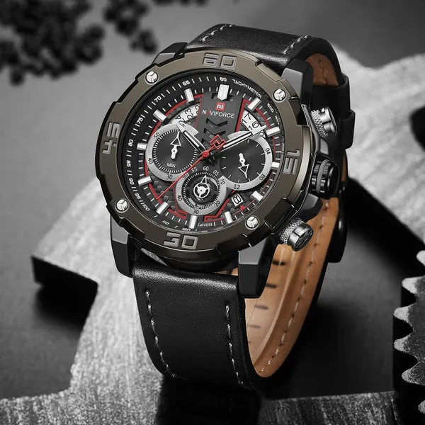 NAVIFORCE NF9175 Leather Chronograph Men's Watch – Dial Color: Black, Strap Color: Black – View 3