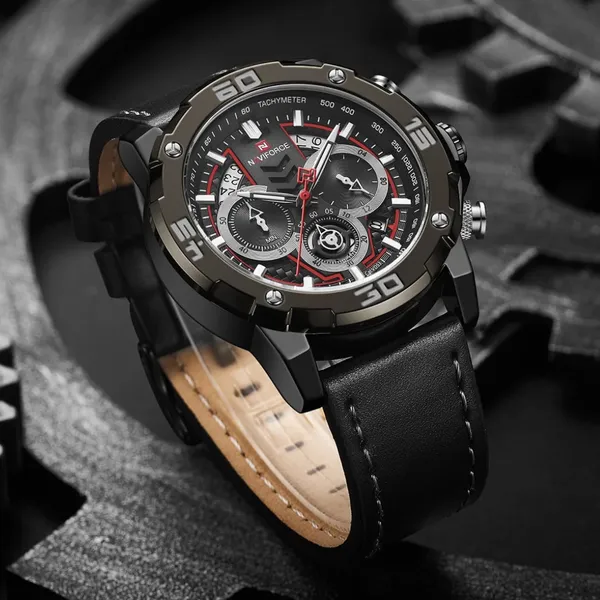 NAVIFORCE NF9175 Leather Chronograph Men's Watch – Dial Color: Black, Strap Color: Black – View 4