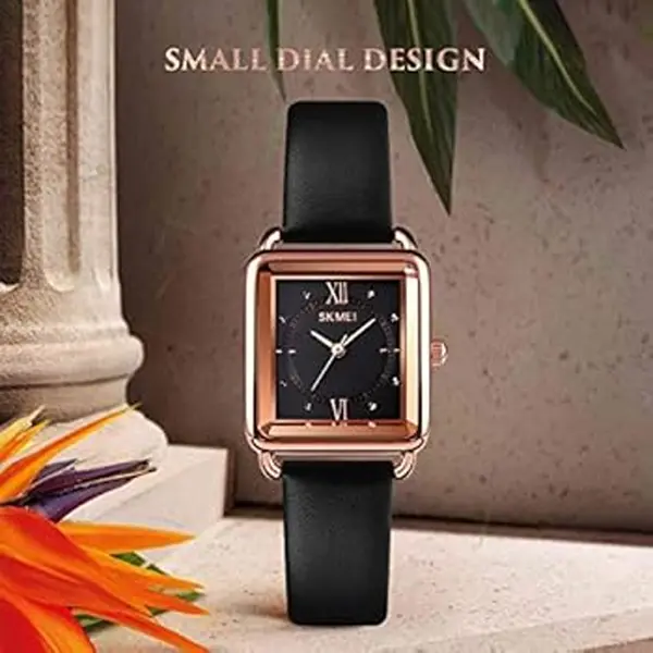 Skmei 1702 Small Square Dial Design Zinc Alloy Case Leather Women Lady Quartz Watch – Dial Color: Black, Strap Color: Black – View 2