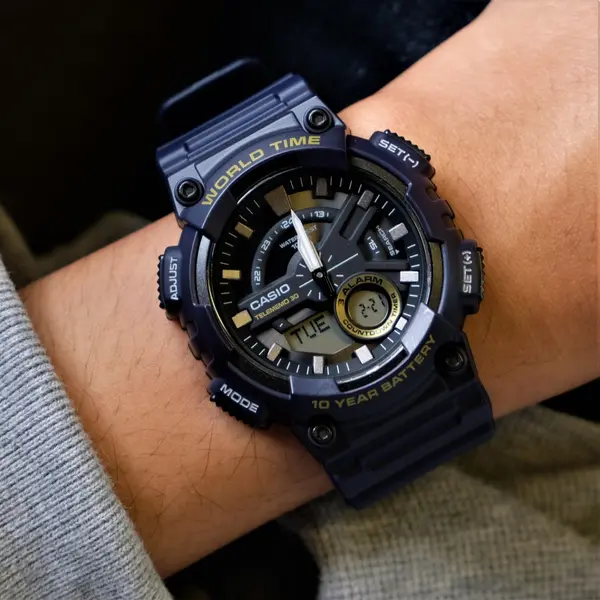 Casio AEQ-110W-1A2V Youth Telememo World Time Analog-Digital Sports Watch  – Dial Color: Black, Strap Color: Blue – View 4