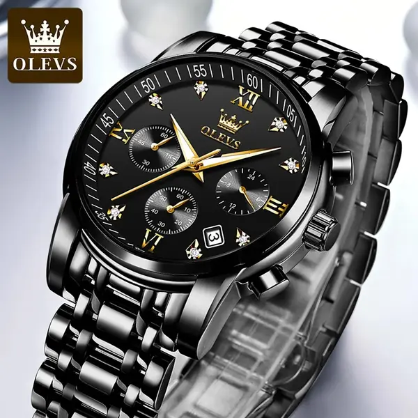 OLEVS 2858 Stainless Steel Waterproof Chronograph Luminous Men's Watch – Dial Color: Black, Strap Color: Black – View 3