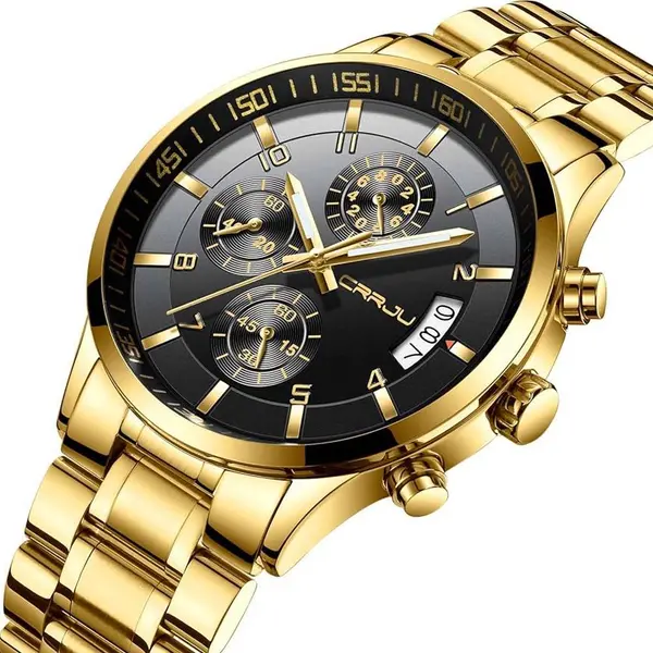 CRRJU 2214 Authentic Stainless Steel Minimalist Style Classic Men’s Watch – Dial Color: Black, Strap Color: Gold  – View 2