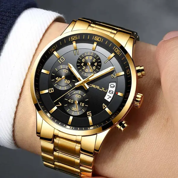 CRRJU 2214 Authentic Stainless Steel Minimalist Style Classic Men’s Watch – Dial Color: Black, Strap Color: Gold  – View 3