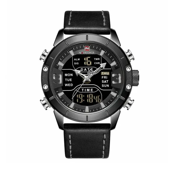 Naviforce NF9153 Genuine Leather Dual Display Luxury Fashion Men's Watch – Dial Color: Black, Strap Color: Black – View 1