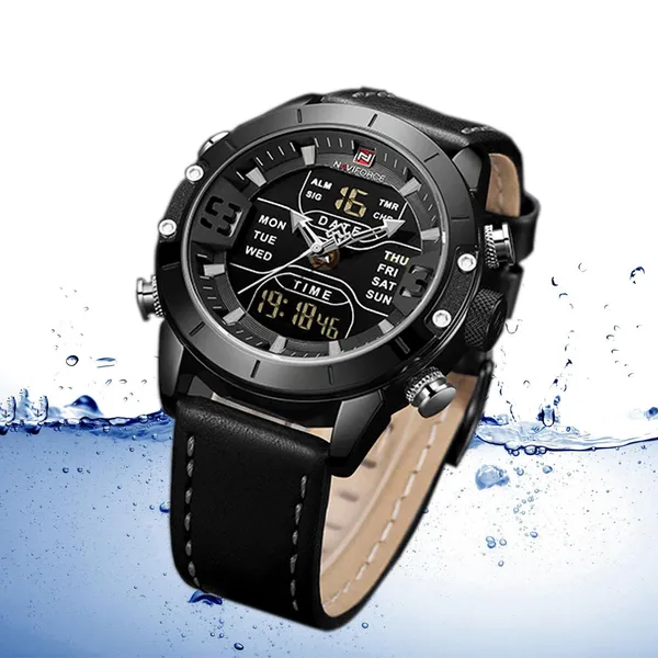 Naviforce NF9153 Genuine Leather Dual Display Luxury Fashion Men's Watch – Dial Color: Black, Strap Color: Black – View 2