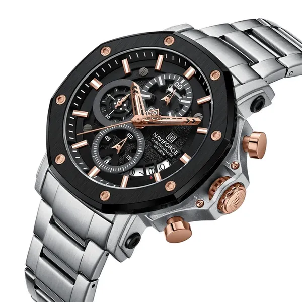 Naviforce 8065 CH Stainless Steel Casual & Sport Men's Watch – Dial Color: Black, Strap Color: Silver – View 2