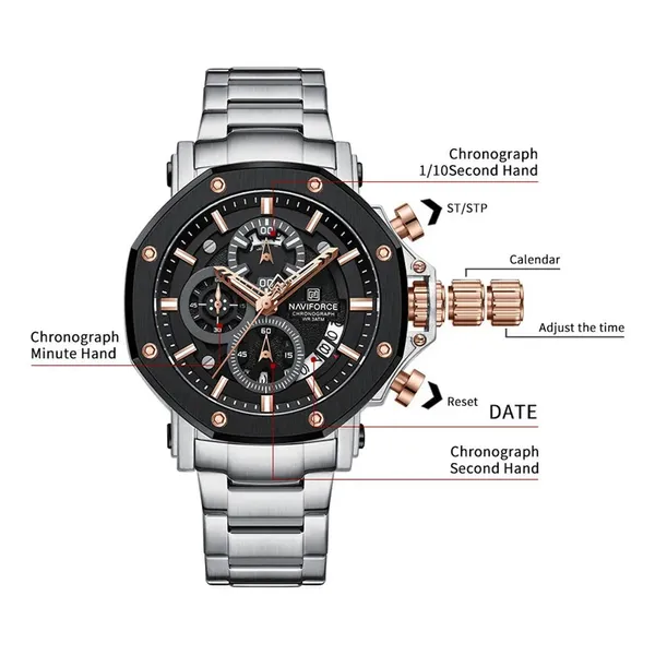 Naviforce 8065 CH Stainless Steel Casual & Sport Men's Watch – Dial Color: Black, Strap Color: Silver – View 3