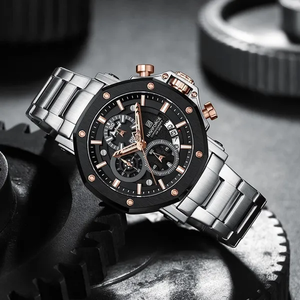 Naviforce 8065 CH Stainless Steel Casual & Sport Men's Watch – Dial Color: Black, Strap Color: Silver – View 4