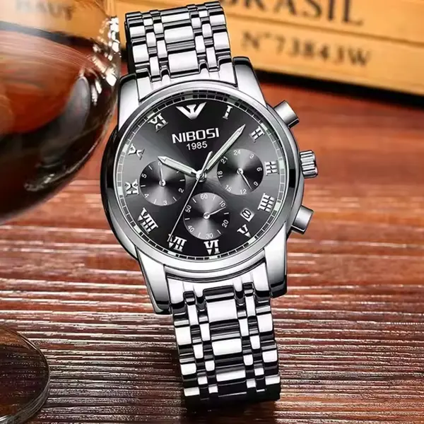 Nibosi 2301 High Quality Stainless Steel Chronograph Men's Watch – Dial Color: Black, Strap Color: Silver – View 3