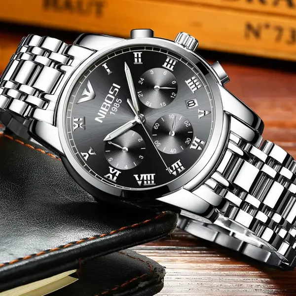 Nibosi 2301 High Quality Stainless Steel Chronograph Men's Watch – Dial Color: Black, Strap Color: Silver – View 2