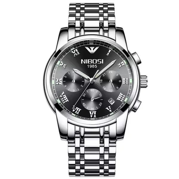 Nibosi 2301 High Quality Stainless Steel Chronograph Men's Watch – Dial Color: Black, Strap Color: Silver – View 1