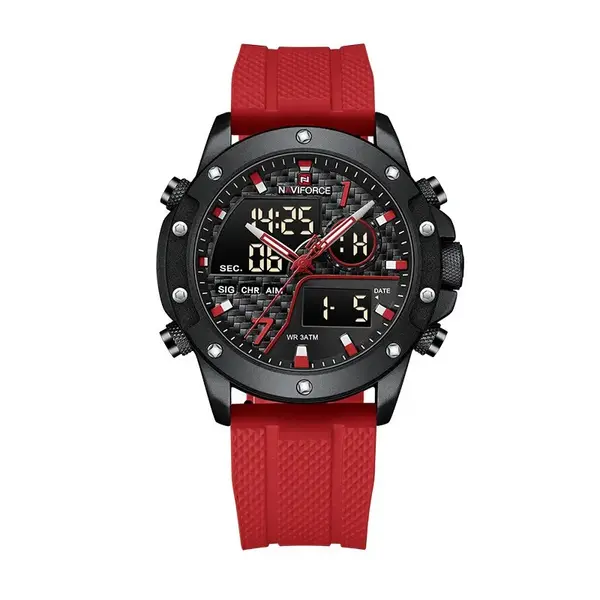 Naviforce NF9221 Lavish Silicon Rubber  Dual Time Quartz  Classic Men's Watch – Dial Color: Black, Strap Color: Red – View 1