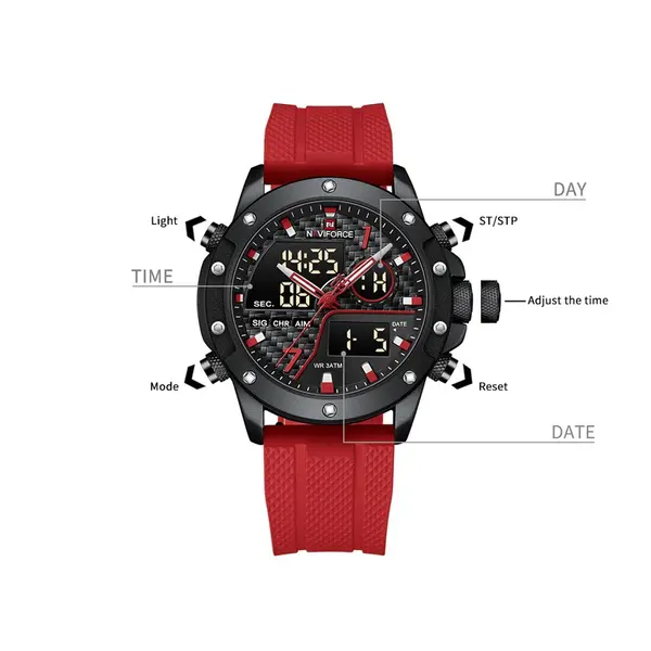 Naviforce NF9221 Lavish Silicon Rubber  Dual Time Quartz  Classic Men's Watch – Dial Color: Black, Strap Color: Red – View 4