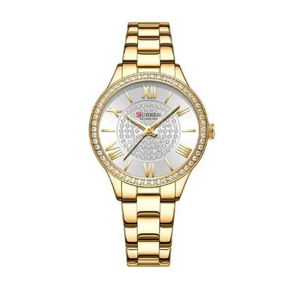 Curren CUR218 Women's Blanche Rhinestone Waterproof Watch – Dial Color: White, Strap Color: Gold  – View 1