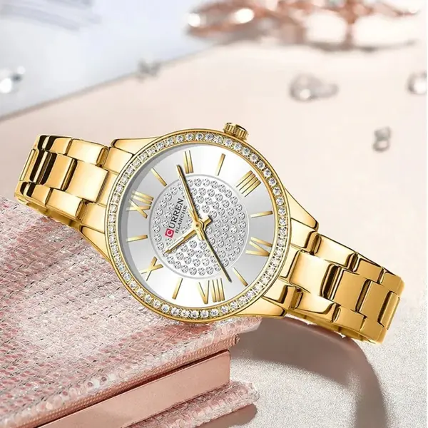 Curren CUR218 Women's Blanche Rhinestone Waterproof Watch – Dial Color: White, Strap Color: Gold  – View 2