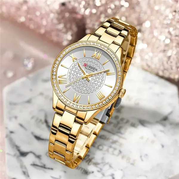 Curren CUR218 Women's Blanche Rhinestone Waterproof Watch – Dial Color: White, Strap Color: Gold  – View 3