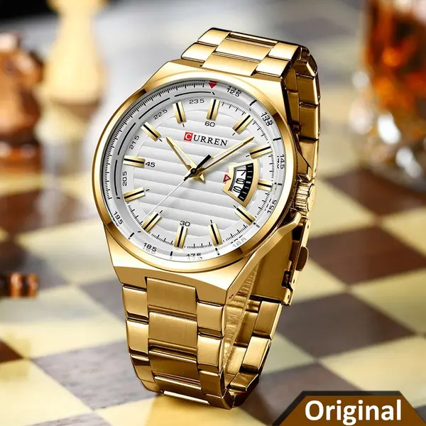 Curren 8375 Luxury Stainless Steel Analog Men's Watch – Dial Color: White, Strap Color: Gold – View 2