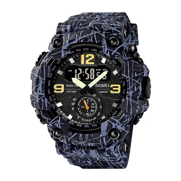 Skmei 1637 Digital Dual Movement 3 Time Waterproof Sports Men's Watch – Dial Color: Black, Strap Color: Grey – View 1