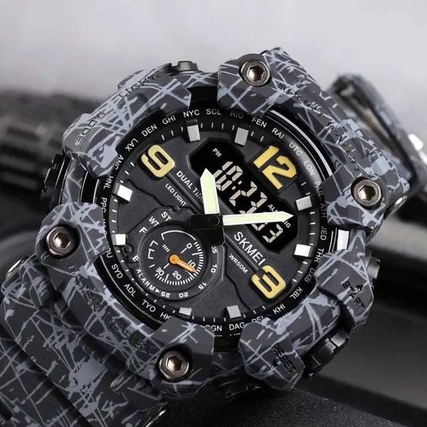 Skmei 1637 Digital Dual Movement 3 Time Waterproof Sports Men's Watch – Dial Color: Black, Strap Color: Grey – View 2