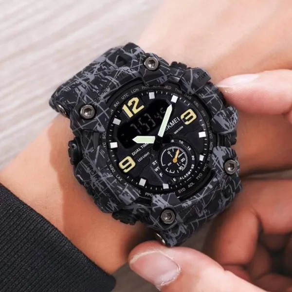 Skmei 1637 Digital Dual Movement 3 Time Waterproof Sports Men's Watch – Dial Color: Black, Strap Color: Grey – View 3