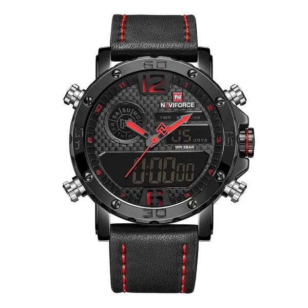 NAVIFORCE NF9134 PU Leather Analog Digital Sports Men's Watch – Dial Color: Red, Strap Color: Black – View 1
