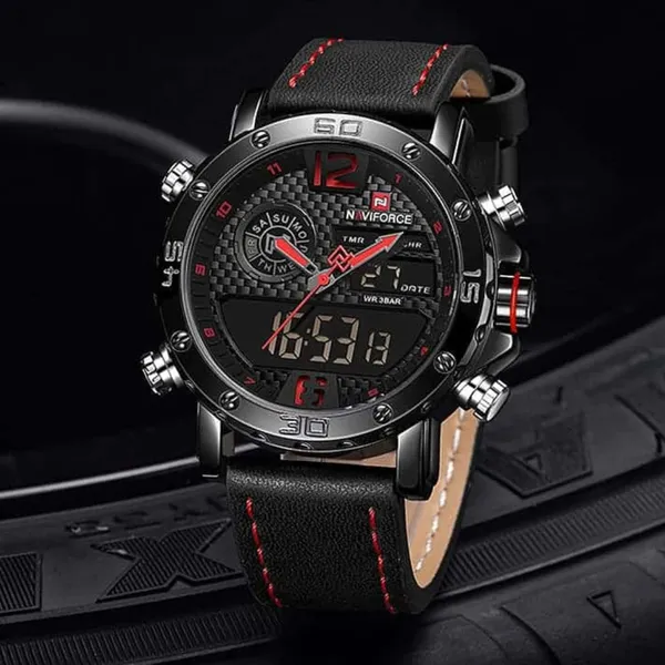 NAVIFORCE NF9134 PU Leather Analog Digital Sports Men's Watch – Dial Color: Red, Strap Color: Black – View 3