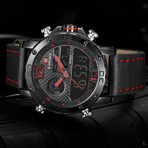 NAVIFORCE NF9134 PU Leather Analog Digital Sports Men's Watch – Dial Color: Red, Strap Color: Black – View 4