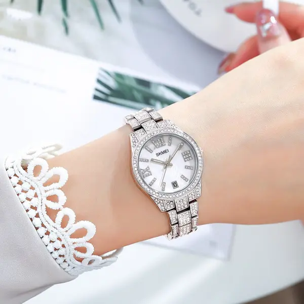 Skmei 1741 Luxury Quartz Stainless Steel Diamond Women Watches – Dial Color: White, Strap Color: Silver – View 3