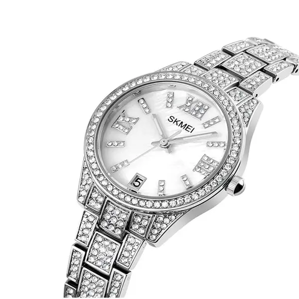 Skmei 1741 Luxury Quartz Stainless Steel Diamond Women Watches – Dial Color: White, Strap Color: Silver – View 2