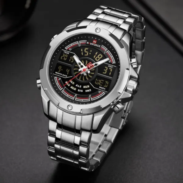 NAVIFORCE NF9170 Stainless Steel Dual Time Men's Watch – Dial Color: Black, Strap Color: Silver – View 3