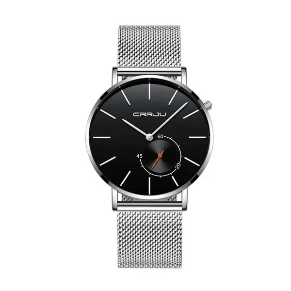 CRRJU 2220 Comfortable Mesh Stainless Steel Ultra Slim Modern Fashion Men's Watch – Dial Color: Black, Strap Color: Silver – View 1